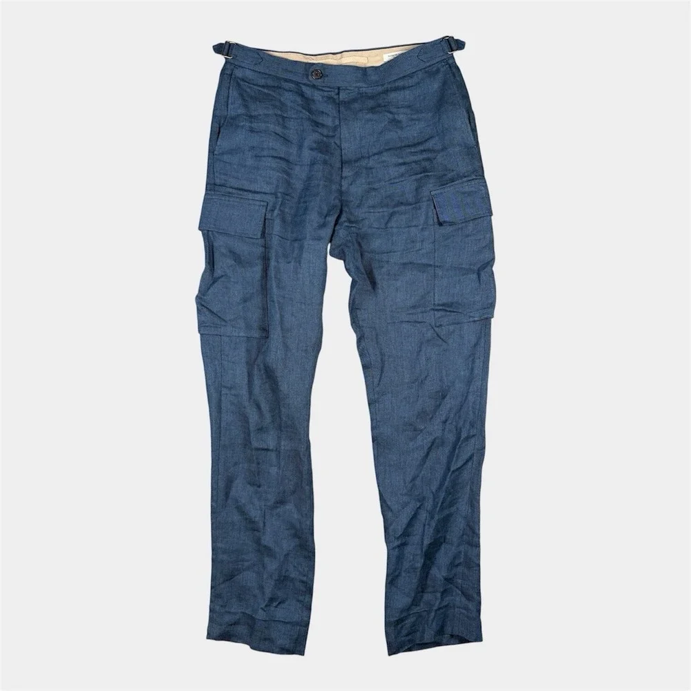Banana Republic 100% Linen Cargo Pants Men 32x31 Blue Adjustable Waist Light NEW
